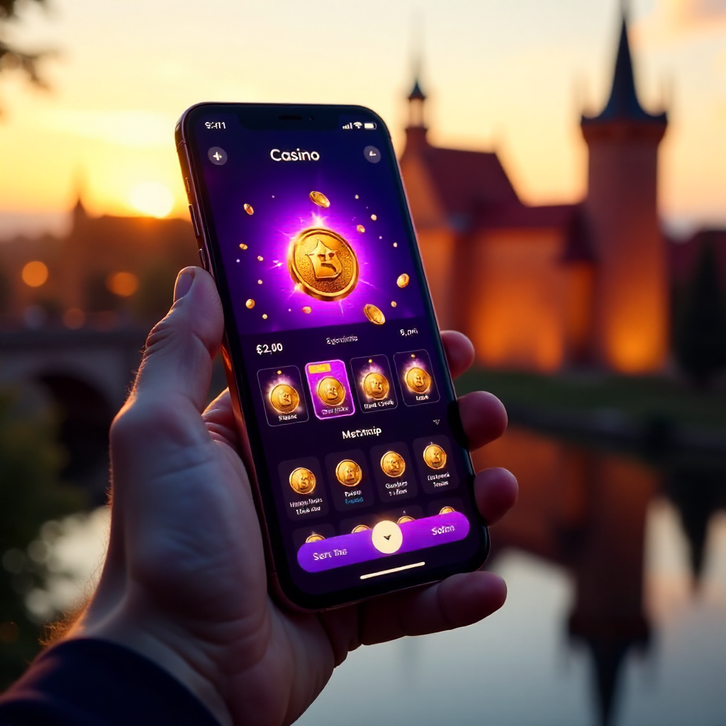 A hand holding a premium smartphone showing Vox Casino app, background featuring the Wawel Royal Castle in Krakow at golden hour, official brand neon purple and deep black colors, 3D golden coins and neon slot symbols flying out of the screen, hyper-reali
